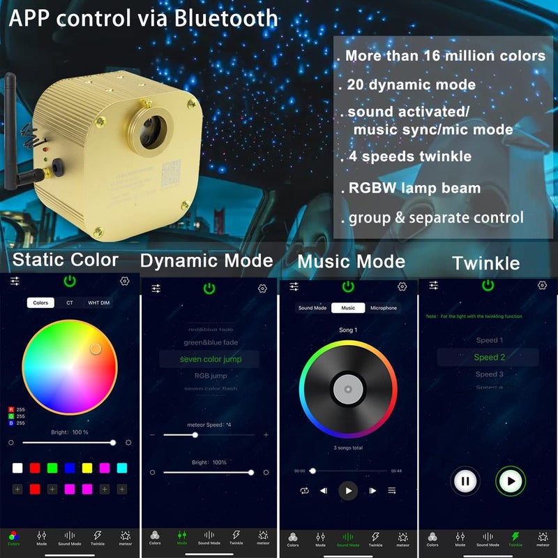 AZIMOM Bluetooth/APP Control 16W Twinkle Fiber Optic Lights Star Ceiling Lighting Kits 550pcs*0.03in13.1ft Fiber Strands RGBW Music Sound Control Light Engine Home Indoor Car Interior Decor - Image 2